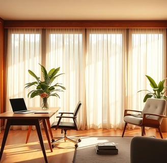 Regal Touch summer home office with natural light, plants, and wood accents for a focused seasonal workspace