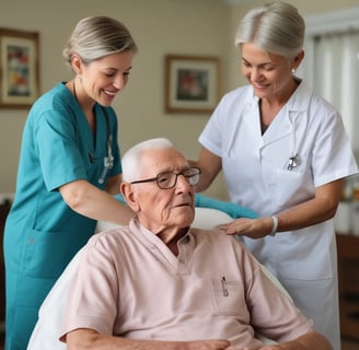 An elderly man sits on a chair beside a bed, holding the hand of a person lying down. The setting is a simple room with plain walls and a window. An intravenous drip is visible, indicating a healthcare environment.