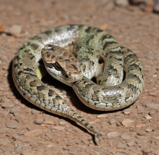 A close-up of a green snake, highlighted against a dark background, with intricate scale patterns visible on its head and body.
