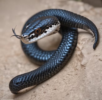 A close-up view of a large, coiled viper hidden among rocky terrain. Its scales are a vibrant mix of green and brown, providing excellent camouflage against the earthy background. The snake's head is slightly lifted, showcasing its textured, patterned skin.