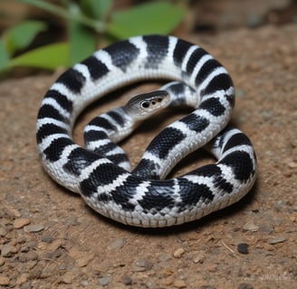 A close-up of a hand gently holding a small orange and white snake. The snake's scales have a distinct pattern, and its head is prominently visible with focused eyes.