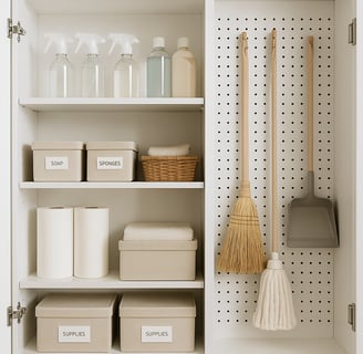 Armario de limpieza bien organizado,productos de limpieza alineados, cajas etiquetadas