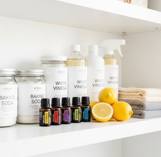 Estantería minimalista con botellas de vinagre blanco, frascos de bicarbonato, aceites esenciales,