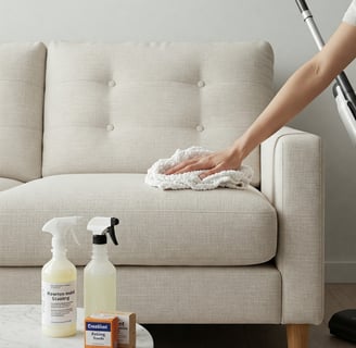 Fotografía de un sofá de tela clara siendo limpiado con un paño de microfibra y spray casero