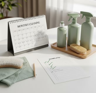 Calendario mensual de limpieza sobre una mesa, junto a productos de limpieza naturales y checklist 