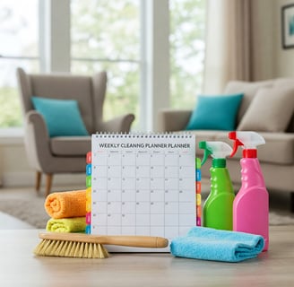 foto de un planificador semanal de limpieza, rodeado de productos de limpieza básicos