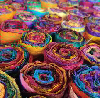 3" recycled sari silk roll, felting, quilting, rug hooking, sari silk, mixed media, evergreen export