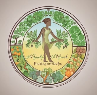 a woman walking through a garden with a large circular sign