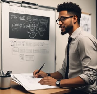 Two individuals stand in front of a whiteboard covered with multicolored sticky notes and arrows. One person points towards the whiteboard, which has handwritten words like 'User-Generated Content', 'Engagement', 'Event', and 'Social Wall'. The setting appears to be a collaborative or educational environment.