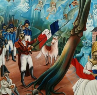 The painting is by Haitian artist Madsen Mompremier