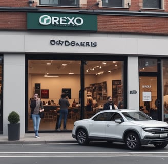 A sleek blue luxury SUV is parked in front of a high-end fashion store with large glass windows. The store has mannequins in the display and a sign with a stylish logo. The setting appears to be urban and upscale.