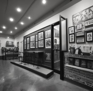 A black and white image showing a tattoo studio with large windows displaying tattoo designs. There is a mannequin or a person wearing a face mask and a face shield, sitting inside the shop. The interior includes hanging decorations and various objects related to tattooing. Signs on the window detail safety guidelines and restrictions.