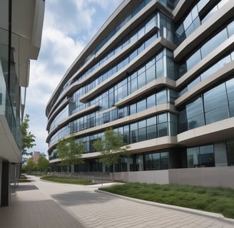 A modern building facade with a grid-like pattern of windows, featuring a prominent sign on the rooftop displaying yellow letters ADAC against a partly cloudy sky.