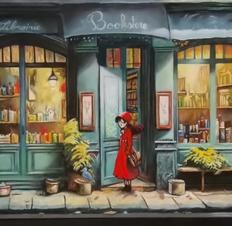 a painting of a woman in a red coat, design htcreation
