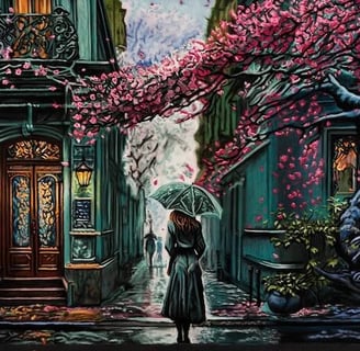 a painting of a woman with an umbrella walking into a street with turquoise colors