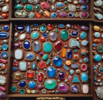 A display of various colorful jewelry pieces, including necklaces, bracelets, rings, and earrings, featuring shades of blue, purple, and green. The items are elegantly arranged on a mannequin and a showcase counter, highlighting the intricate designs and vibrant hues.