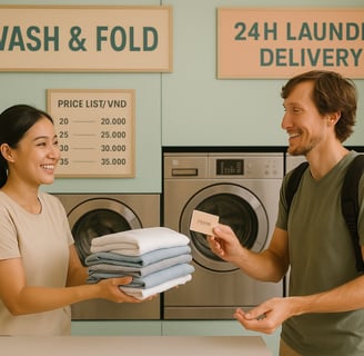 Laundromat staff hands folded laundry to tourist in pastel shop.