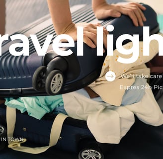 Overpacked suitcase with clothes spilling out, promoting 24h laundry delivery