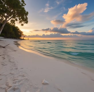 A tranquil beach scene with white sand and calm waters, lined with tall palm trees. There are small blue-roofed structures and colorful buildings nearby, with a backdrop of green hills and scattered houses. The sky is overcast with a few patches of blue.