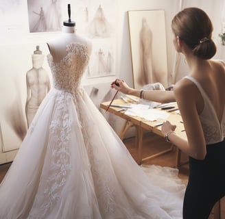 a woman in a wedding dress is standing in front of a mannequine