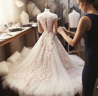 a woman in a wedding dress is standing in a dress