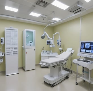 Medical professionals are performing surgery in an operating room equipped with overhead lights and medical equipment. IV bags are visible, and the team is focused on the patient lying on the operating table.