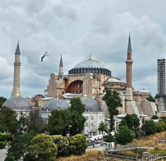 Hagia Sophia Grand Mosque, Istanbul. This image features its exterior, dome, minarets, and nearby historical sites