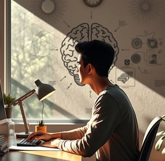 young man looking at pc screen while sunlight comes in through window