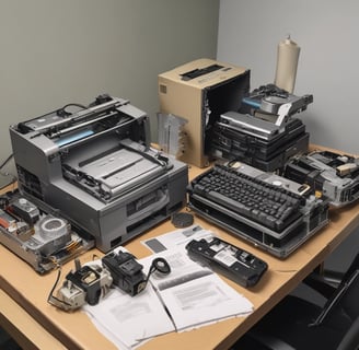 A dimly lit storage room filled with shelves and various office supplies. There are boxes, binders, and paper rolls placed on different racks. A large photocopy machine is visible in the center of the room, surrounded by other electronic equipment. The lighting is primarily fluorescent, casting a purple hue throughout the space.