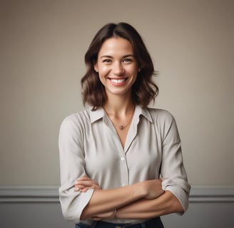 A woman with shoulder-length hair and a confident expression is wearing a black, open-knit sweater with cream detailing over a blue top. She poses with her hands on her hips. Her jeans are light blue, and she wears white shoes. The background features a vivid circular frame in shades of green, blue, and yellow, and a purple striped pattern on the floor.