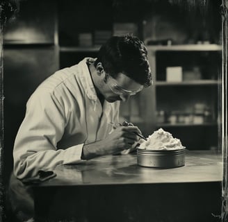 scientist examining a tin of a mysterious skin cream found at the roswell crash of 1947