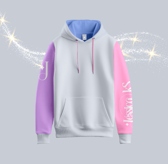 Moletom personalizado com mangas e capuz com cores delicadas e fundo com glitter