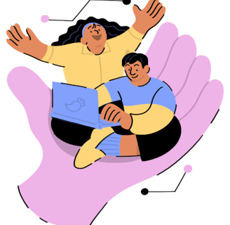 Illustration of two people working in a hand. One working on a laptop and one with hands in the air