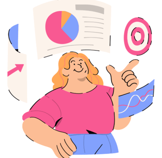 Illustration of a woman with a circle of documents and charts around her