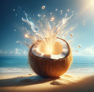 a coconut fruit in a coconut shell on the beach