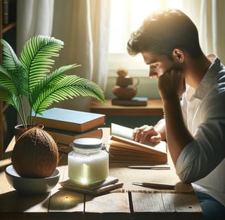 a man sitting at a table with a coconut fruit in his hand