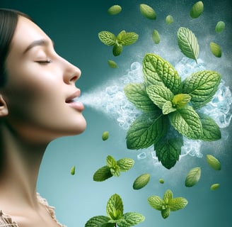 a woman blowing out of a mint green leafy minty mint