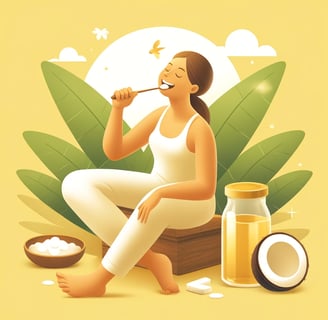 a woman sitting on a bench with a jar of coconut oil