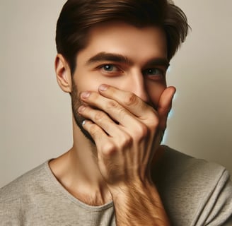 a man with a beard and a beard, holding his hands to his face