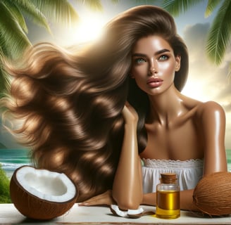 a woman with long hair and coconut oil