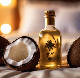 a bottle of coconut oil with a coconut tree in the background