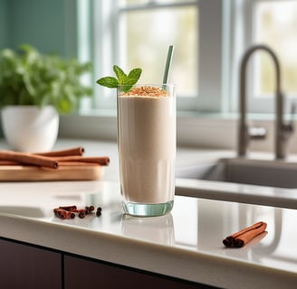 Creamy oatmeal drink in a clear glass with cinnamon on top, on a kitchen counter with fitness gadget