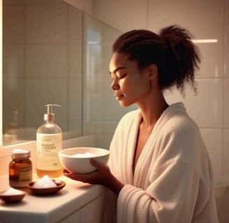 a woman in a bathrobear with a bowl of soap and a bowl