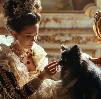 Young Queen Victoria looking at a black Pomeranian while petting the beautiful small dog