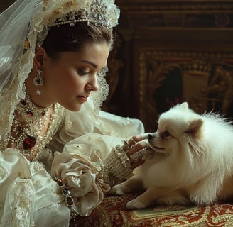 Young Queen Victoria looking at her white Pomeranian while petting the beautiful small dog