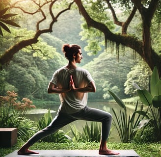 Warrior II pose in a natural setting, reflecting strength and balance.