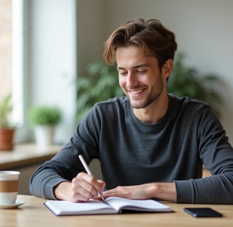 Homem jovem sorrindo sentado à mesa escrevendo em um caderno