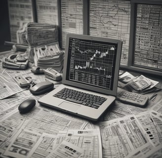 A hand is holding a smartphone that displays a stock market chart with various candlestick patterns and horizontal lines. The phone is held against a textured fabric background, which appears to be a sofa or carpet.