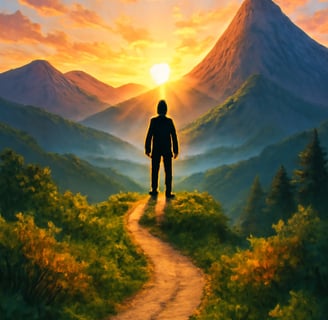 a man standing on a path with a mountain in the background