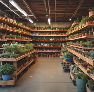 A well-organized interior of a retail store featuring neatly arranged shelves filled with various home goods and products. The aisle is wide, with wooden display tables showcasing white containers and decorative green plants. Ceiling lights provide ample illumination, and the store has a contemporary, clean design.